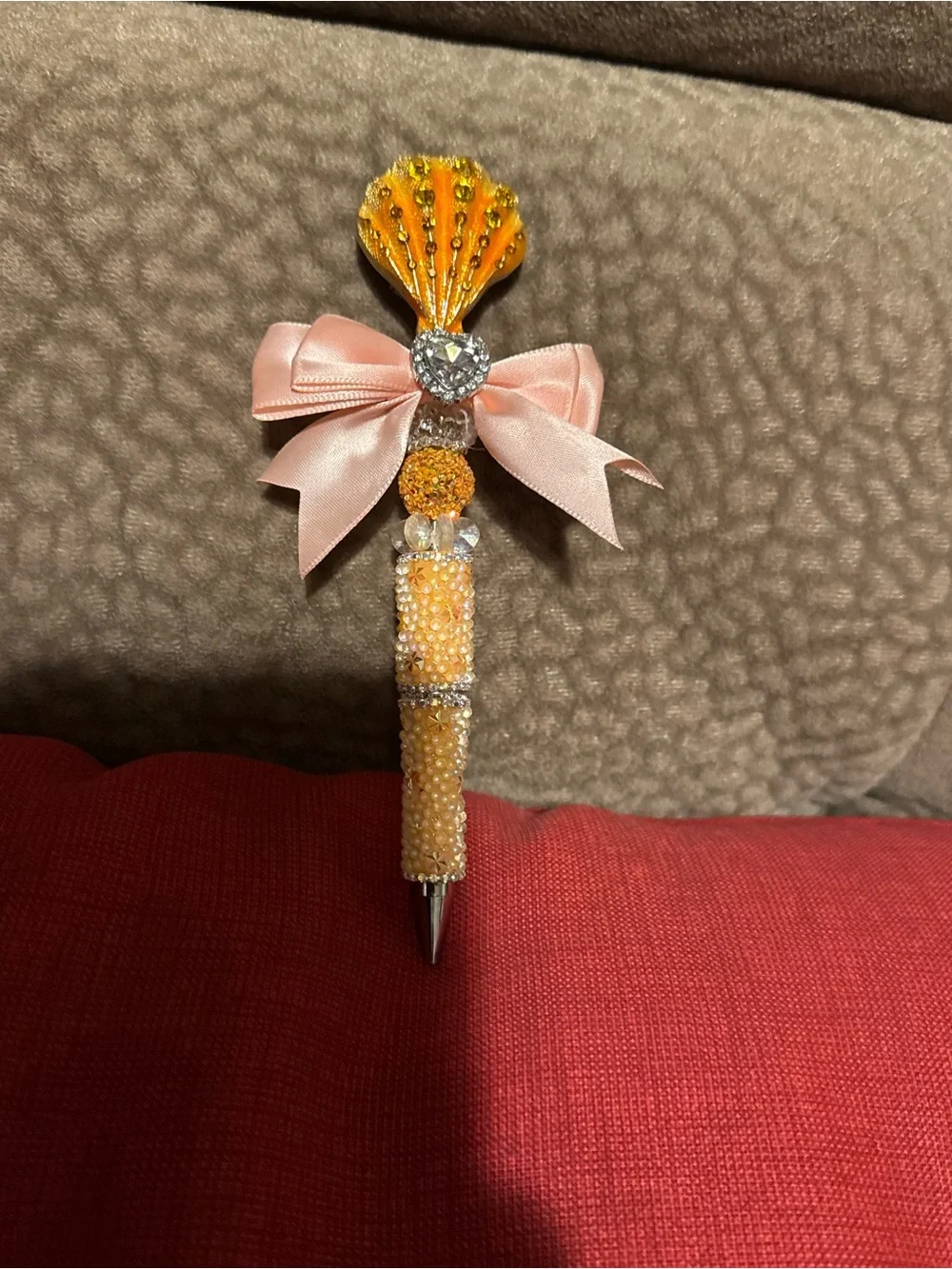 Decorative Peach Beaded Pencil Case Pen with Bow